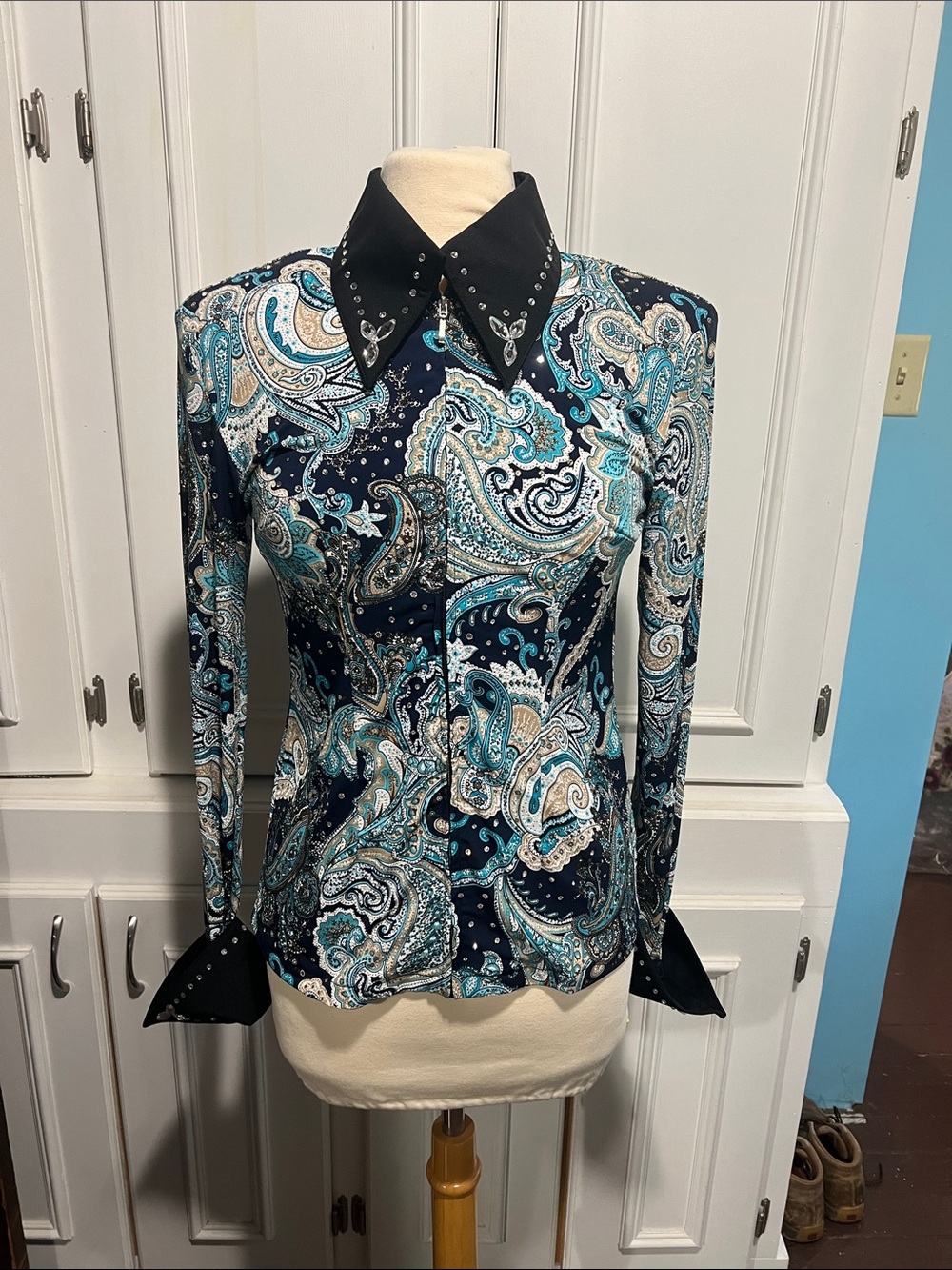 NEW Paisley Embellished Swarovski western all day show jacket - Teal & Navy M